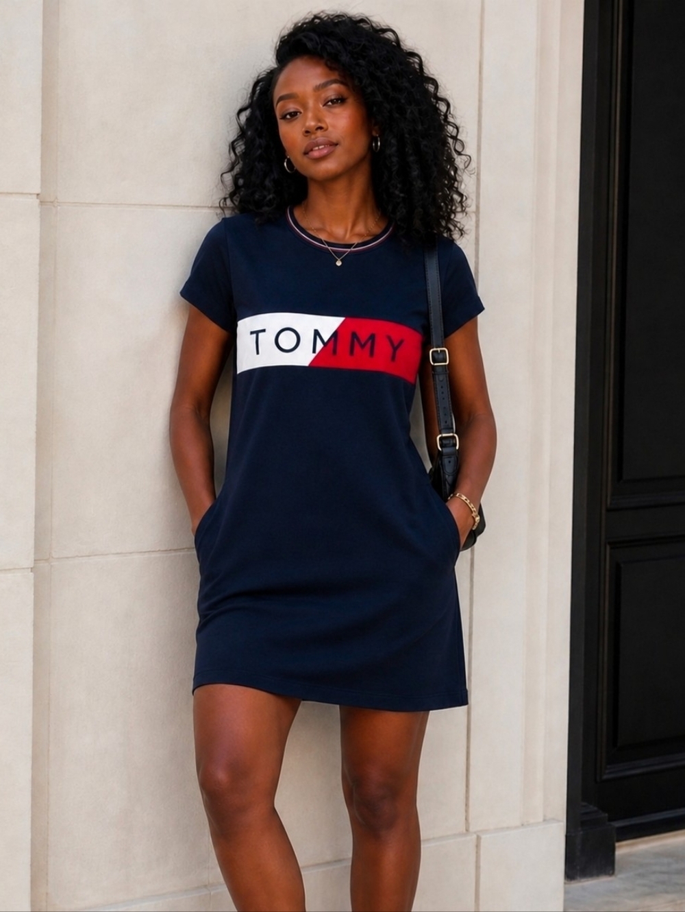 Tommy Hilfiger Navy Mini Sweater Dress with Red & White Logo Panel
